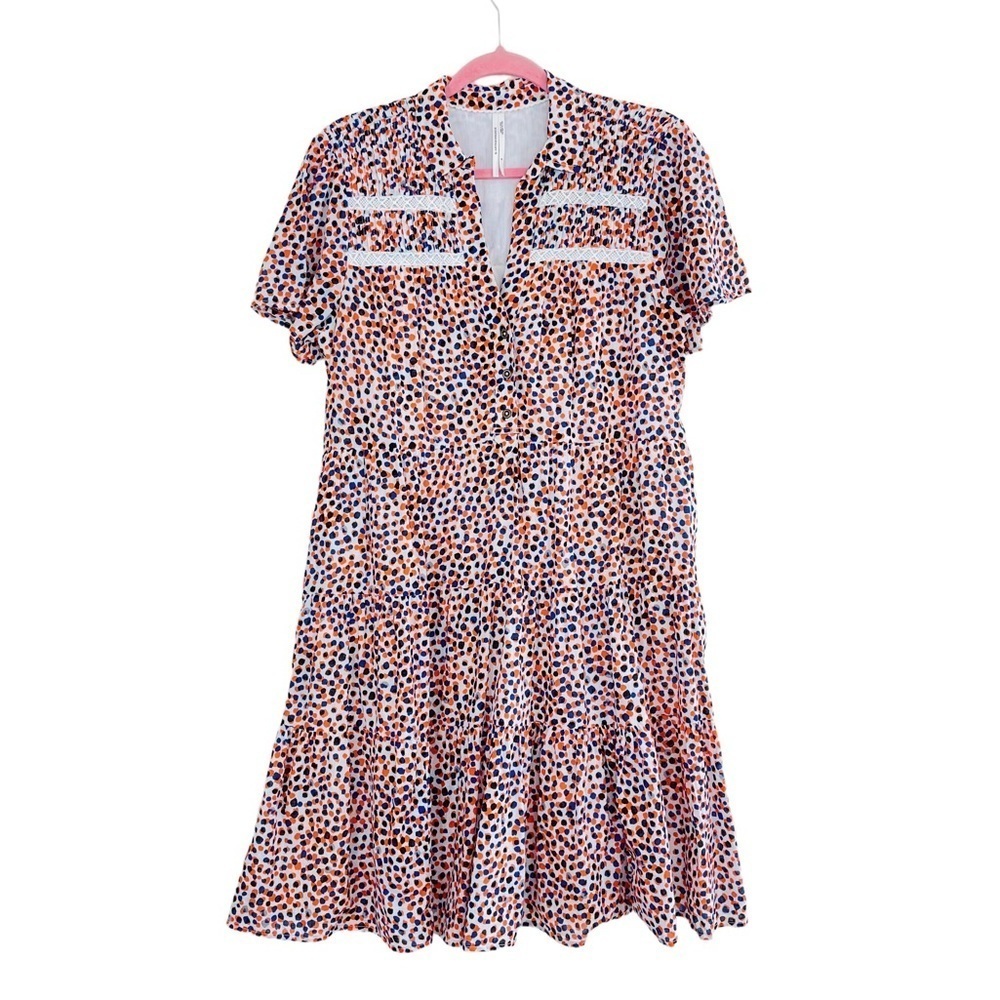 Anthropologie Georgina Tiered Shirtdress In Orange Blue Funky Dot M - Picture 10 of 14